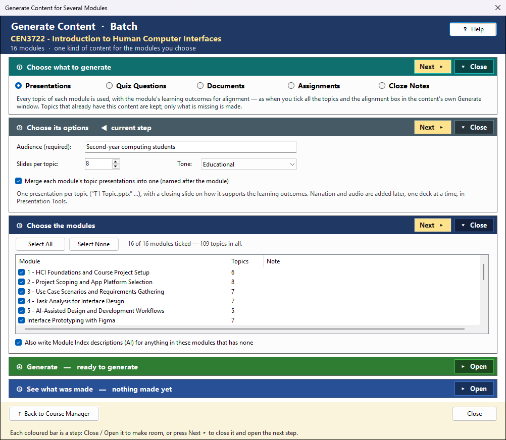 The batch Generate Content window: step 1 with Presentations chosen, step 2 with its options, step 3 with the list of modules ticked.