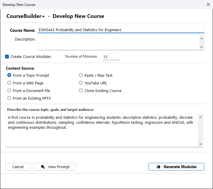 The Develop New Course window with a course name, the number of modules set to 15, the Topic Prompt source chosen and a description typed in.