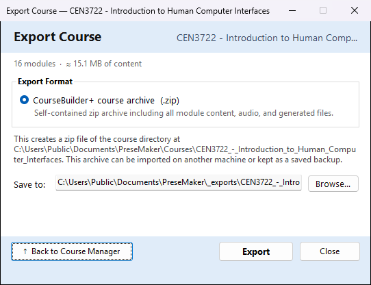 The Export Course window with the export format, the Save to path and the Export button.