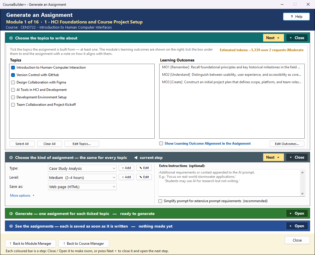 The Generate an Assignment window: step 1 with two topics ticked, step 2 with Type, Level, Save as and Extra Instructions.