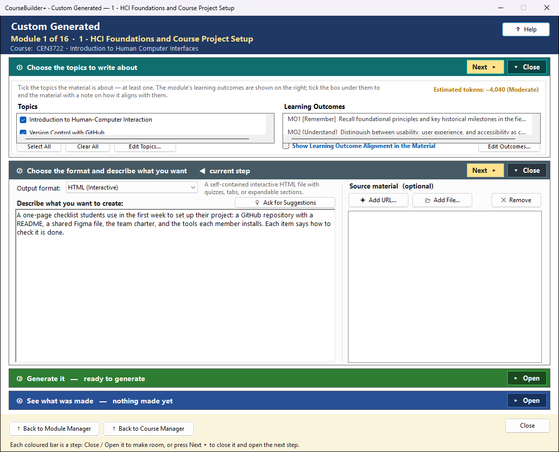 The Custom Generated window: step 2 with Output format HTML (Interactive), a description of a one-page checklist, and the Source material list.