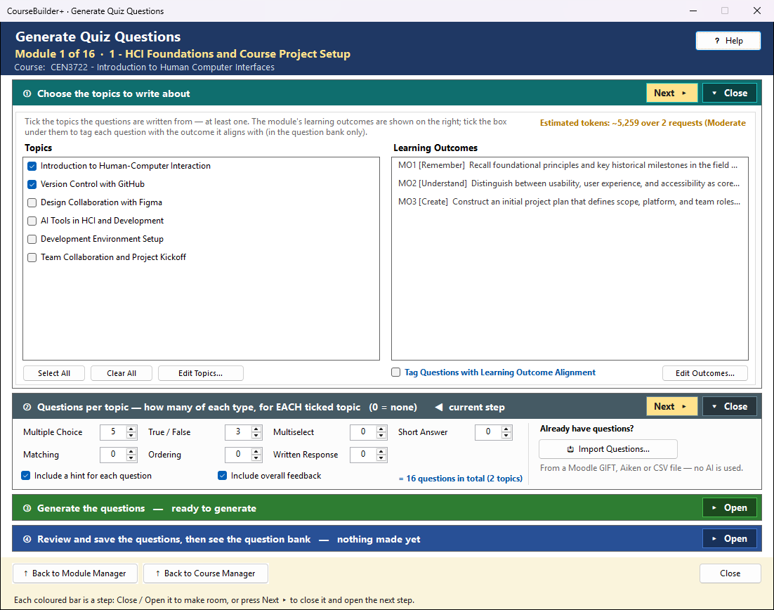 The Generate Quiz Questions window: step 1 with two topics ticked, step 2 with a number for each question type, hint and feedback check boxes, and Import Questions.