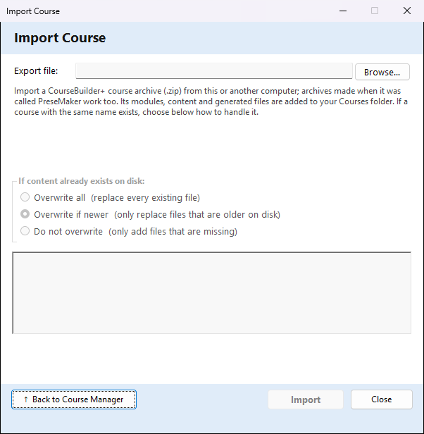 The Import Course window.