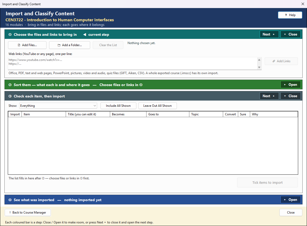 The Import and Classify Content window.