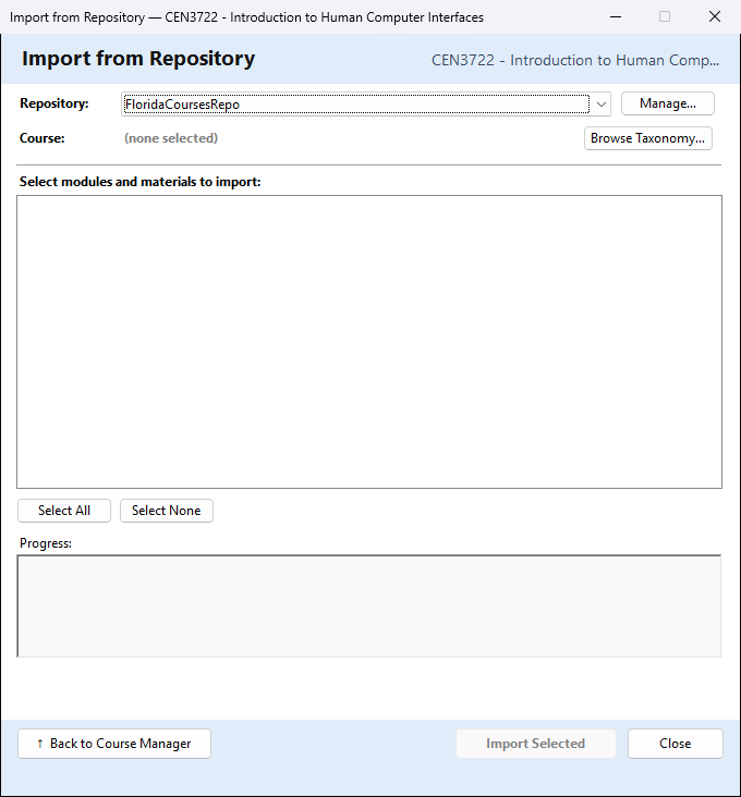 The Import from Course Repository window.