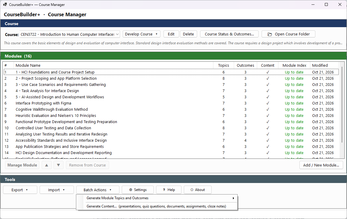 The Course Manager with the Batch Actions menu open, showing Generate Module Topics and Outcomes and Generate Content.