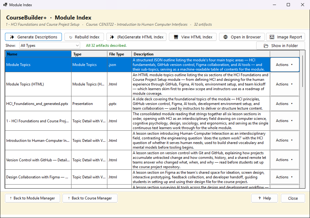 The Module Index window listing module topics, a presentation and text content, each row with a description and an Actions button.