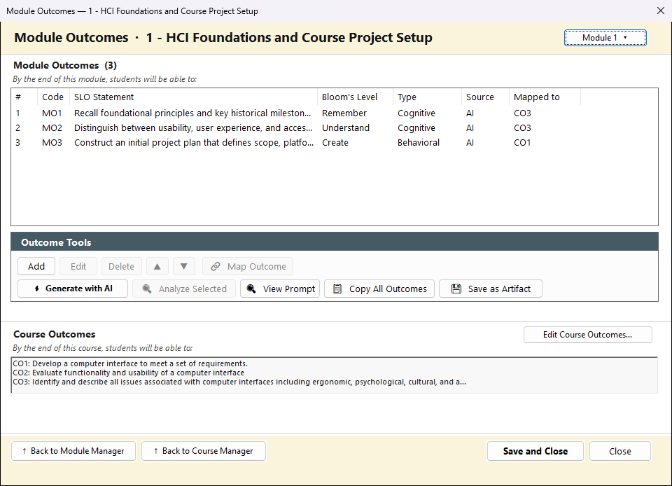 The Module Outcomes window: a list of three outcomes with code, statement, Bloom's level, type, source and mapping, the Outcome Tools buttons, and the course outcomes.