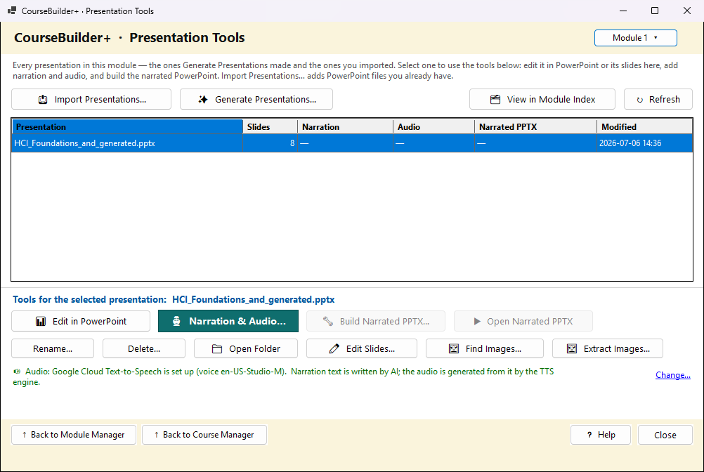 The Presentation Tools window listing one presentation with its slides, narration and audio columns, and buttons for Edit in PowerPoint, Narration and Audio, Build Narrated PPTX and more.