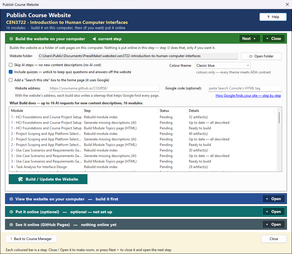 The Publish Course Website window: step 1 with the website folder, options for AI descriptions, quizzes and a search box, the list of build steps per module, and the Build button; steps 2 to 4 closed.