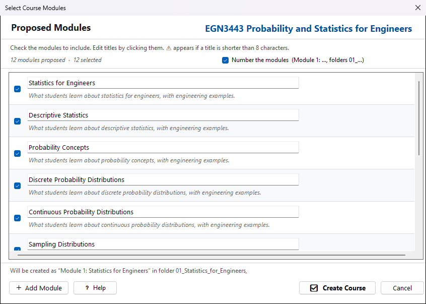 The Select Course Modules window listing proposed modules with check boxes, editable titles and descriptions, and the Create Course button.