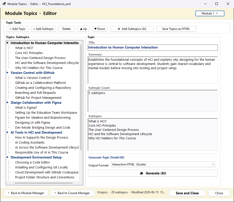 The Module Topics Editor: a tree of topics and subtopics on the left, and the selected topic's title, summary and subtopics on the right.