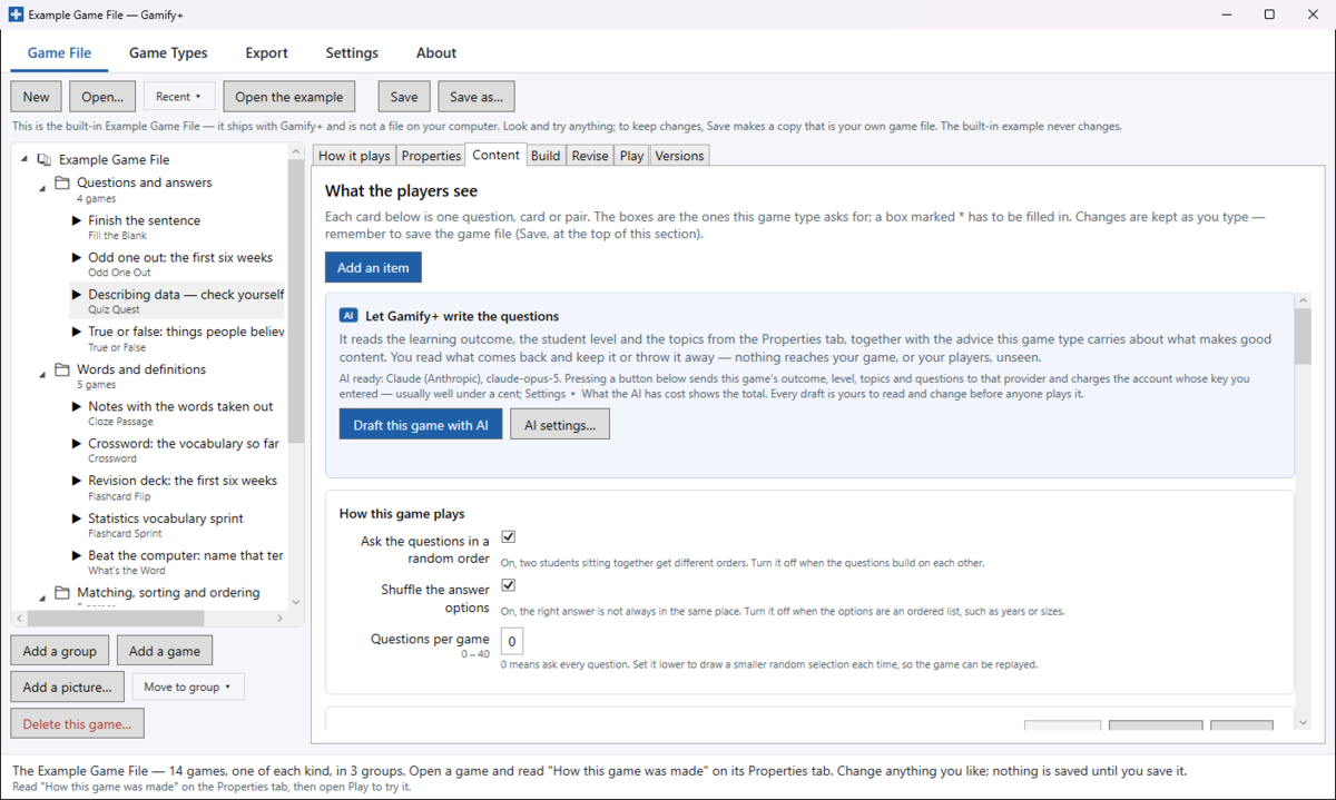 Writing a game’s questions on the Content tab.