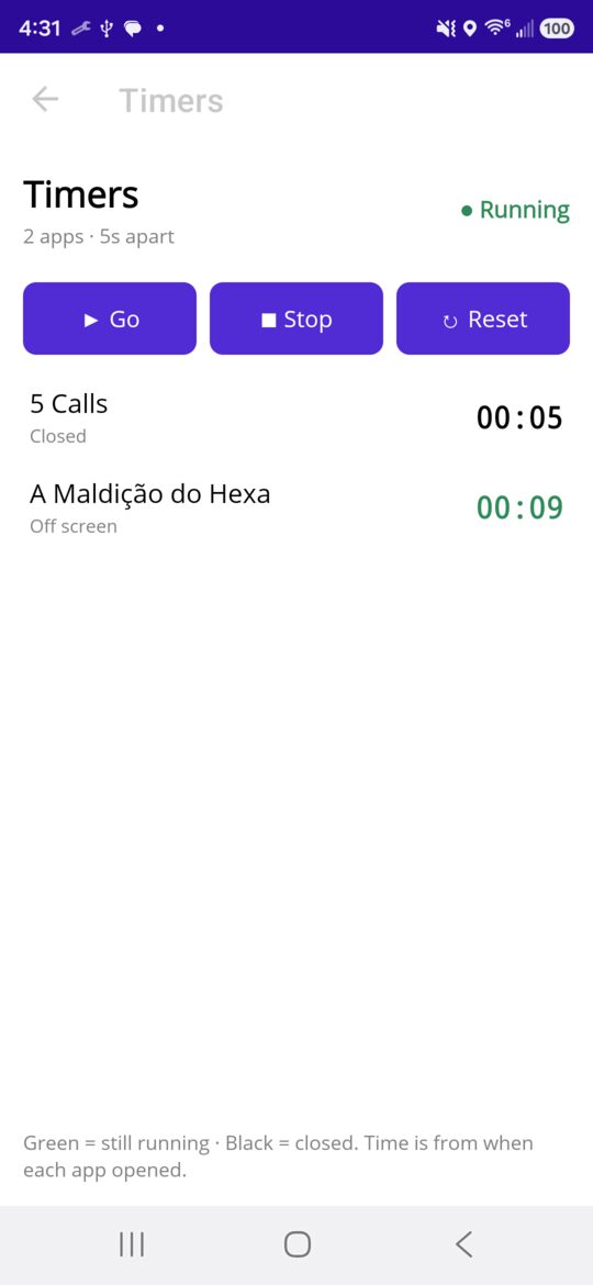 Timers running: green while an app is open, black once it is closed.