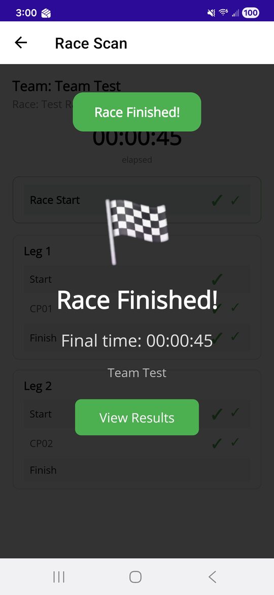 The finish: final time, and a button to see the results.
