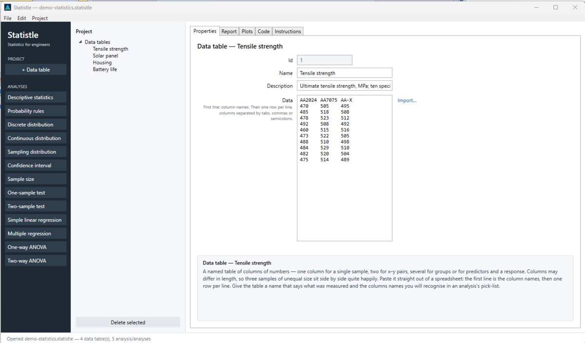 Entering a data table. The panel at the bottom explains whatever you click.